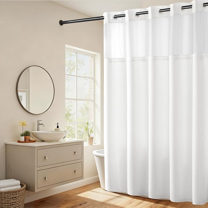 RiverDream Heavyweight Waffle No Hook Shower Curtain with Liner,White,71x80 | Dotted Waffle,Snap-in Liner,Heavy Duty,Quick Dry,Mesh Top Window,With Bottom Magnets,Hotel-Grade,Washable,Long Size