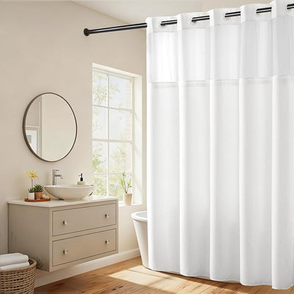 RiverDream Heavyweight Waffle No Hook Shower Curtain with Liner,White,71x80 | Dotted Waffle,Snap-in Liner,Heavy Duty,Quick Dry,Mesh Top Window,With Bottom Magnets,Hotel-Grade,Washable,Long Size