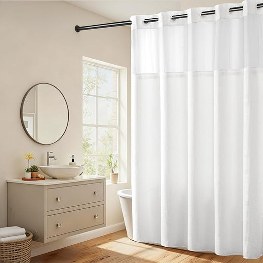 RiverDream Heavyweight Waffle No Hook Shower Curtain with Liner,White,71x80 | Dotted Waffle,Snap-in Liner,Heavy Duty,Quick Dry,Mesh Top Window,With Bottom Magnets,Hotel-Grade,Washable,Long Size