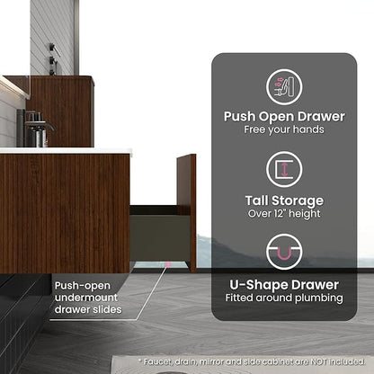 36" Bathroom Vanity with Sink, Modern Floating Vanity with Push Open Soft Close Drawer, Large Storage for Bathroom, Hotel, Walnut, Fully Assembled - Camellia Collection