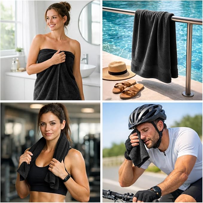 DAN RIVER 8 Piece Luxury Bath Towels for Bathroom, Towel Set, Black | 2 Bath towels, 2 Hand towels, and 4 Wash Cloths, 600 GSM 100% Ring Spun Cotton, Highly Absorbent, Gym, Hotel, guest, and Spa