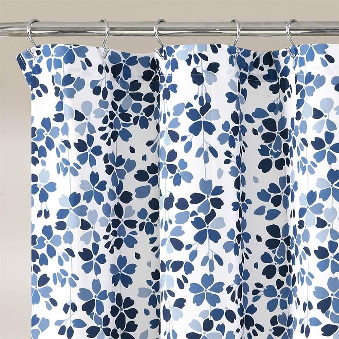 Lush Decor Weeping Flower Shower Curtain 72"W x 72"L White & Navy - Fabric Shower Curtains for Bathroom - Floral Bathroom Curtain - Cottage Core Decor