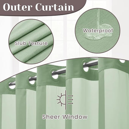 SORTTO No Hook Slub Shower Curtain with Liner, 71x74, Sage Green | Snap in Liner, 3 in 1, Bamboo Texture, Hotel Style, Waterproof Fabric, Mesh Top Window, Corner Magnets, Machine Washable