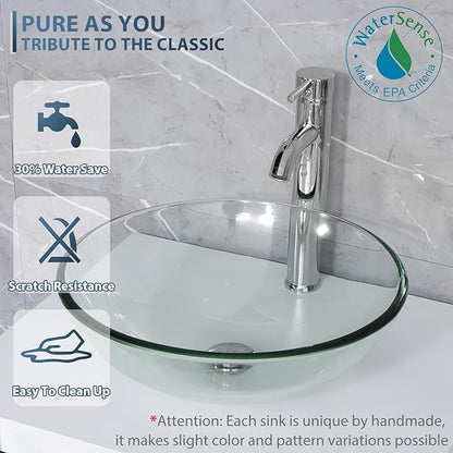 eclife 84" Modern Bathroom Vanity Sink Combo Freestanding Cabinet with Small Side Cabinet, Clear Round Glass Vessel Sink, Water Save Faucet, Drain (White+A16)