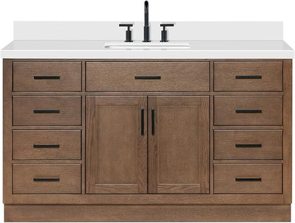 ARIEL Hepburn 60-inch Bathroom Vanity with Sink,Solid Wood, 1.5-inch Pure White Quartz Countertop, Single Rectangular Porcelain Sink, 2 Soft Closing Doors, 9 Dovetail Drawers, Brown Oak
