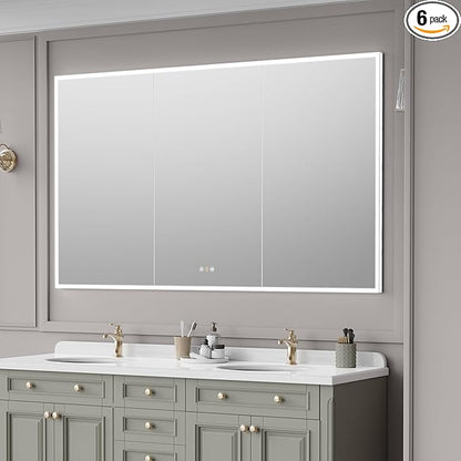 Recessed Medicine Cabinets for Bathroom with Mirror, Only Recessed Medicine Cabinet with Defogger, Dimmer, Outlets & USB, Three Doors