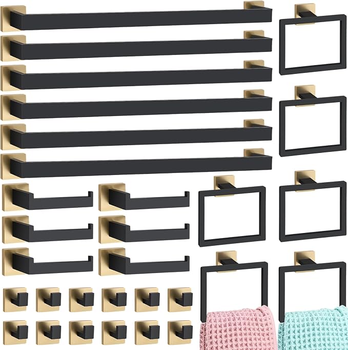 Gisafai 30 Pcs Black Gold Bathroom Hardware Accessories Set 23.6 Inch Bath Towel Bar Kit Stainless Steel Bathroom Hardware Set Towel Racks Ring Robe Hooks Paper Holder for Wall Mounted