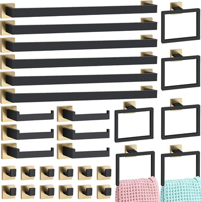 Gisafai 30 Pcs Black Gold Bathroom Hardware Accessories Set 23.6 Inch Bath Towel Bar Kit Stainless Steel Bathroom Hardware Set Towel Racks Ring Robe Hooks Paper Holder for Wall Mounted