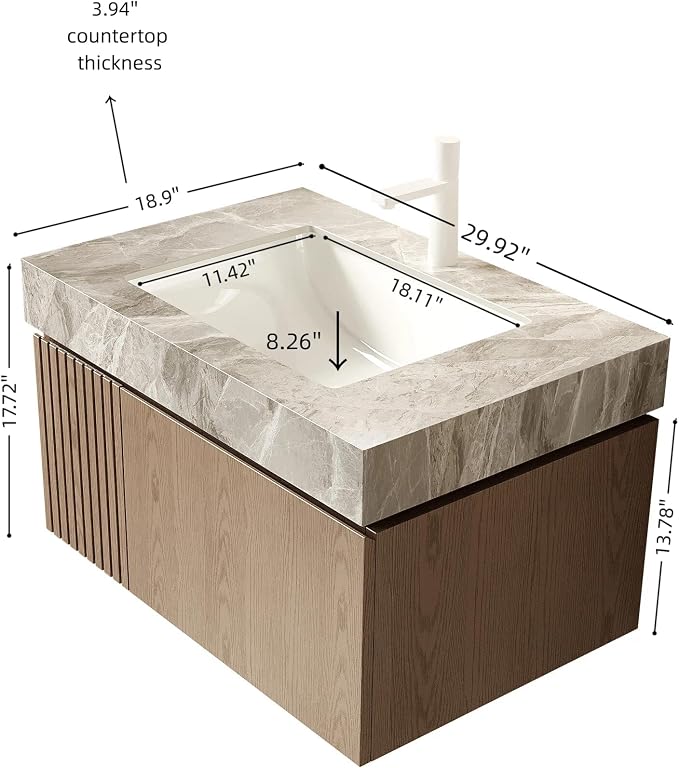 KEIKI 30 Inch Floating Bathroom Vanity with Sink, Light Brown & Grey | Modern Wall Mounted Storage Cabinet w/ Drawer & Door, Pre-assembled Wood Panels, Sintered Stone Top & Ceramic Basin Combo Set