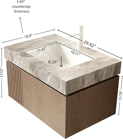 KEIKI 30 Inch Floating Bathroom Vanity with Sink, Light Brown & Grey | Modern Wall Mounted Storage Cabinet w/ Drawer & Door, Pre-assembled Wood Panels, Sintered Stone Top & Ceramic Basin Combo Set