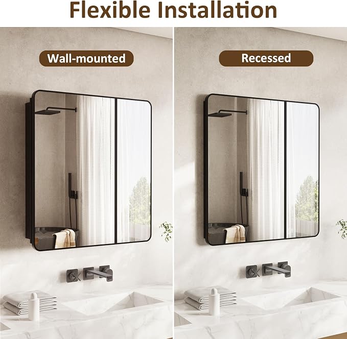 Medicine Cabinet Mirror 30x32 Inch, Black Bathroom Mirror Cabinet with Stepless Adjustable Shelves, Double Doors Metal Framed, Bathroom Mirror with Storage Recessed or Wall Mount