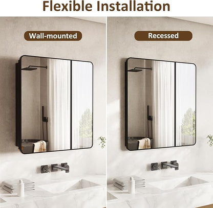 Medicine Cabinet Mirror 30x32 Inch, Black Bathroom Mirror Cabinet with Stepless Adjustable Shelves, Double Doors Metal Framed, Bathroom Mirror with Storage Recessed or Wall Mount