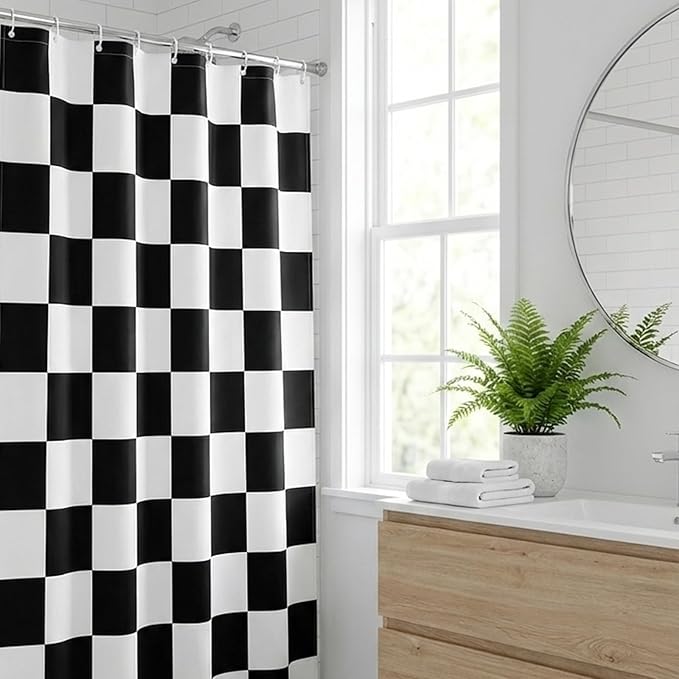 Checkered Shower Curtain, Classic Minimalist Black and White Checkerboard Design, Waterproof Polyester Fabric Shower Curtains Sets with Hooks for Bathroom 72x72 Inches
