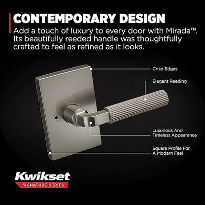 Kwikset Mirada Reeded Interior Privacy Door Handle with Lock, Handle for Bathroom and Bedroom, Satin Brass, Reversible Keyless Push Button Lock, with Microban Protection