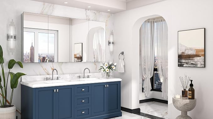 Keonjinn 64 x 32 Inch Oversized Medicine Cabinet Mirror, Adjustable Shelves | Assembly Required, Lightweight Aluminum Frame, Adjustable Shelves, Surface Mount or Recessed, Soft Close, Silver