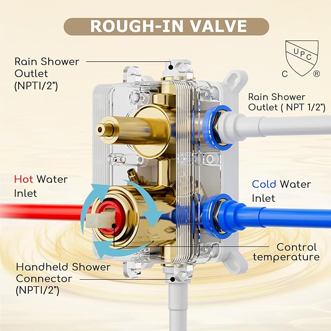 Shower System Brushed Gold Shower Faucets Sets, Bostingner 10" Rain Shower Head with 2 In 1 Handheld Spray and 4 Body Jets, Wall Mounted All Metal 3 Way Shower Set with Rough-in Valve and Trim Kit
