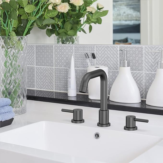 Bathroom Sink Faucet, Faucet for Bathroom Sink, Widespread Bathroom Faucet 3 Hole with Stainless Steel Pop Up Drain and cUPC Lead-Free Hose,Matte Black Bathroom Faucets