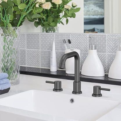 Bathroom Sink Faucet, Faucet for Bathroom Sink, Widespread Bathroom Faucet 3 Hole with Stainless Steel Pop Up Drain and cUPC Lead-Free Hose,Matte Black Bathroom Faucets