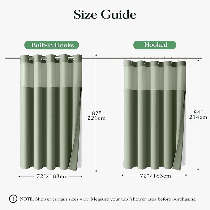 Sage Green Hook Free Waffle Shower Curtain & Snap-in Liner,72x87 | Less Time to install, 3 in 1 Fabric Shower Curtain and Liner Set with Magnets, Extra Long, Shower Curtains for Bathroom