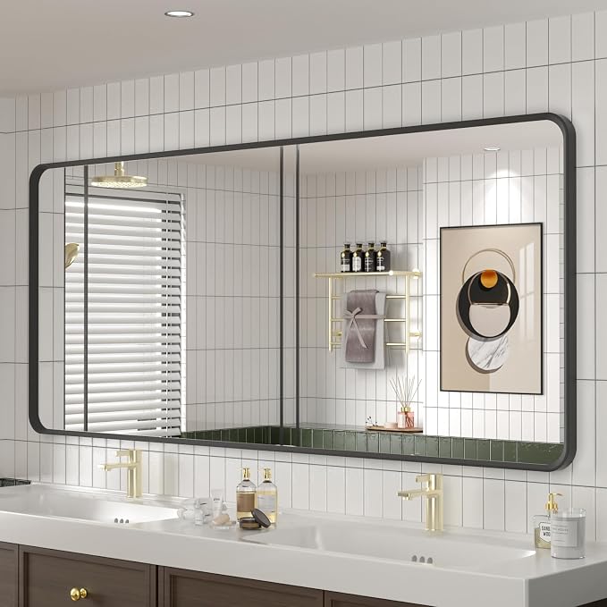 OKPAL 60X28 Inch Black Metal Framed Bathroom Mirror for Wall, Matte Black Bathroom Vanity Mirror, Large Rounded Rectangle Modern Mirror, Rustproof, Shatterproof (Horizontal/Vertical)