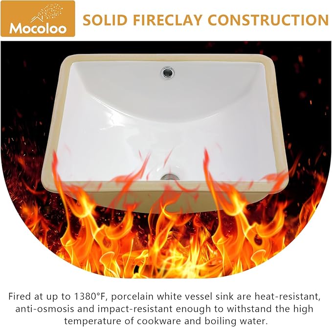 Mocoloo Undermount Bathroom Sink 18 x 14 Inch Rectangle Porcelain White Ceramic Bathroom Sink Deep Basin with Overflow Drain Under the Counter Rectangular Undermount Vanity Sink for Lavatory