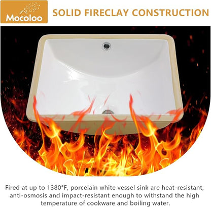 Mocoloo Undermount Bathroom Sink 18 x 14 Inch Rectangle Porcelain White Ceramic Bathroom Sink Deep Basin with Overflow Drain Under the Counter Rectangular Undermount Vanity Sink for Lavatory