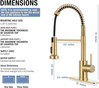 DJS Kitchen Faucets with Pull Down Sprayer Brushed Gold High Arc Single Handle 1 or 3 Holes Spring Kitchen Sink Faucet with Deck Plate for Farmhouse RV Vessel Basin
