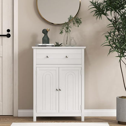 Giantex Bathroom Storage Cabinet with Drawer - Floor Cabinet with Doors, Adjustable Shelf, Storage Organizer for Entryway, Laundry Room, Kitchen, Living Room, Freestanding Cupboard (White)