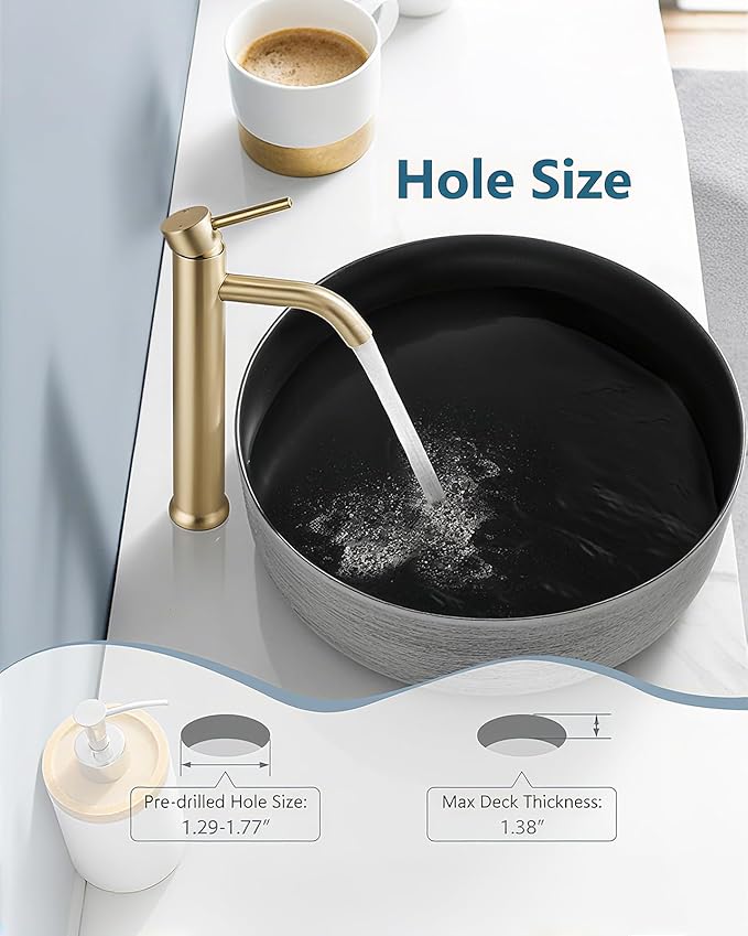 Aolemi Vessel Sink Faucet – SUS304 Stainless Steel Tall Bathroom Faucet,Single Lever Handle,1 Hole Bathroom Faucets with Supply Lines and Pop Up Drain,Brushed Gold