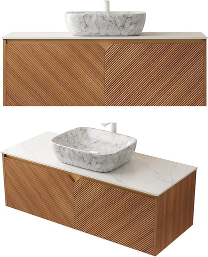 Floating Bathroom Vanity with Sink, 48" Bathroom Storage Cabinet with Sintered Stone Countertop & Marble-Pattern Ceramic Basin, Wall-Mounted Vanity with 2 Twill Pattern Doors, Brown Oak