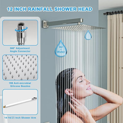 Lordear Rain Shower System Wall Mounted Shower Faucet Set - 12 Inch Stainless Steel Shower Head Handle Set and Solid Brass Valve, Chrome Polished Finish