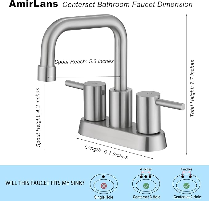 Brushed Nickel Bathroom Sink Faucet 2 Handle, 2 or 3 Hole 4 Inch Centerset Stainless Steel Bathroom Faucets with Pop up Drain, Vanity Faucet for Bathroom, Restroom, Rv, AML-21751-BN