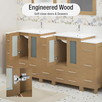 HOMEBEYOND 84 Inch Modern Bathroom Vanity with Sink & Mirror, Double Sink Vanity Cabinet with Basin and Mirror, Dove-Tailed Drawers, Soft-Closing Doors, Wood, Natural Oak