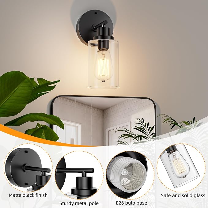 GORDNWE Bathroom Wall Sconce Set of 2, Matte Black Vanity Light Fixtures | E26 Bulb Base, Clear Glass Shade, Modern Wall Light Fixture for Mirror, Bedroom, Wall Lamp, Wall Mount Light Fixtures