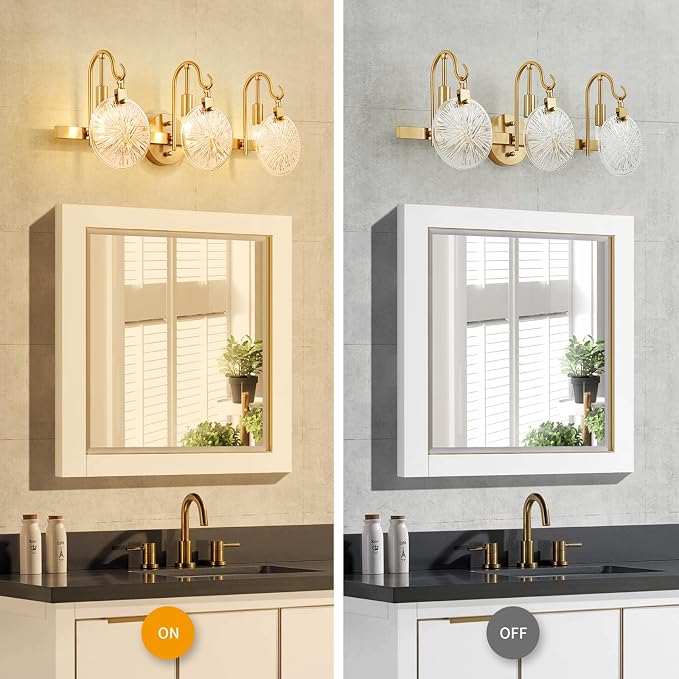 WUZUPS 3-Light Bathroom Light Fixture Over Mirror Morden Vanity Wall Sconces Clear Glass Shade for Bedroom Living Room, E12 Base, Brass Gold