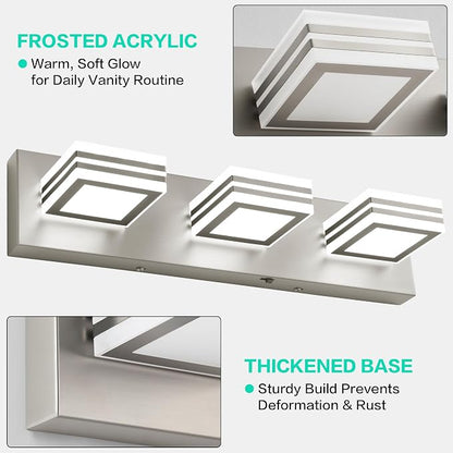 SOLFART LED Bathroom Vanity Light Fixtures： 3 Light Brushed Nickel Modern Acrylic Bathroom Wall Lighting Fixtures Over Mirror 20in 5CCT