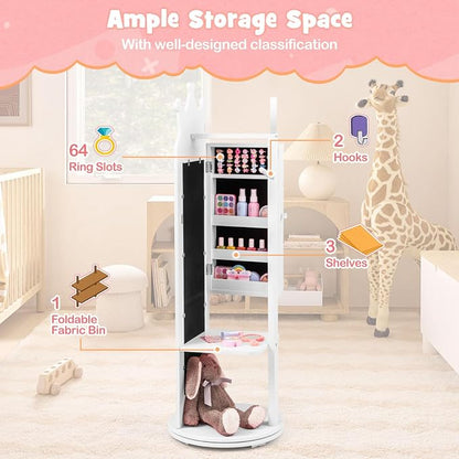 HONEY JOY Kids Jewelry Armoire Cabinet, 360 Degree Swivel Base Wooden Standing Jewelry Organizer w/Full-length Mirror and Clothes Rack, Children Dress Up Jewelry Cabinet for Little Girls (White)