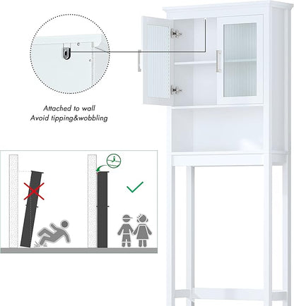 Spirich Over The Toilet Cabinet for Bathroom Storage, Above Toilet Storage Cabinet with Moru Tempered Glass Doors, White