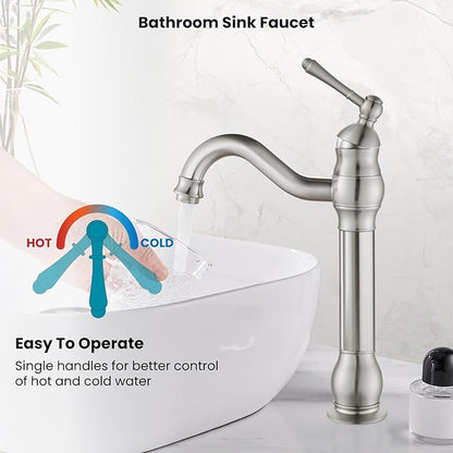 gotonovo Vessel Sink Faucet 360° Swivel Spout Single Handle Tall Bathroom Faucet 1 Hole Farmhouse Lavatory Washbasin Mixer Tap Matching Supply Hoses, Without Pop Up Drain, Brushed Nickel