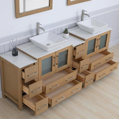 Vanity Art 84 Inch Vessel Double Sink Bathroom Vanity Cabinet with 2 Mirrors, Engineered Marble Top Bathroom Cabinet Compact Set with 10 Dovetail Drawers and Soft Closing Doors, VA3130-84NO