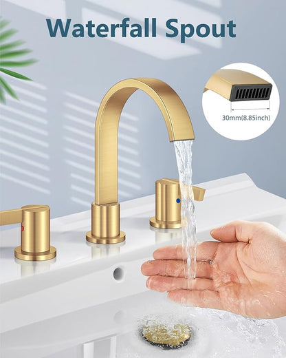 Aolemi Bathroom Faucets 3 Hole,8 Inch Widespread Waterfall Bathroom Sink Faucet,2 Handles Vanity Faucet with Pop-up Drain and Supply Hose,Gold