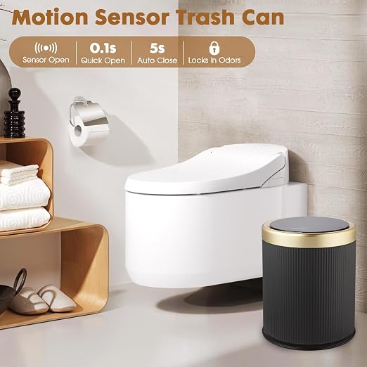 Motion Sensor Trash Can with Lid,Touchless Sensor Bathroom Trashcan | 3.7 Gallon Dog Proof Smart Sensor Wastebasket,Diaper Trash Bin,Plastic Garbage Can for Bedroom,Office,Kitchen-Black and Gold
