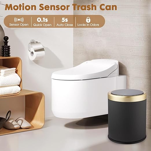 Automatic Bathroom Trash Can with Lid,Small Wastebasket Gold Black | 2.8 Gallon Motion Sensor Trash can,Touchless Diaper Trash Bin,Smart Mini Garbage Can for Bathroom, Kitche,Bedroom,Dorm