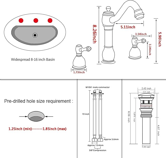 GGStudy 2 Handles 3 Holes Faucet Widespread Bathroom Sink Faucet Basin Tap Mixer Supply Hose Included Matching Pop Up Drain Brushed Nickel