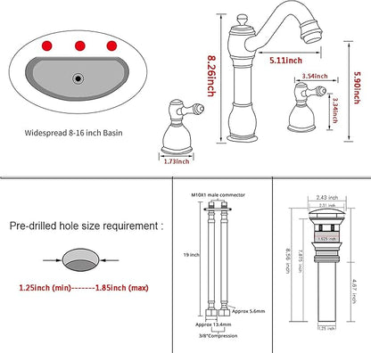 GGStudy 2 Handles 3 Holes Faucet Widespread Bathroom Sink Faucet Basin Tap Mixer Supply Hose Included Matching Pop Up Drain Brushed Nickel