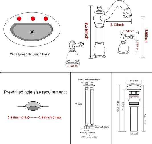 GGStudy 2 Handles 3 Holes Faucet Widespread Bathroom Sink Faucet Basin Tap Mixer Supply Hose Included Matching Pop Up Drain Oil Rubbed Bronze