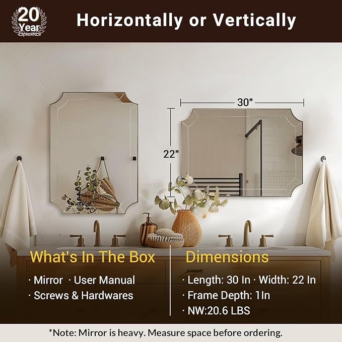 Scalloped Mirror for Bathroom, 22x30 Inch Brushed Gold | Rust-Proof Stainless Steel Thin Frame, Unique Segmented Glass Pieces Design, Wall-Mounted Vertical/Horizontal