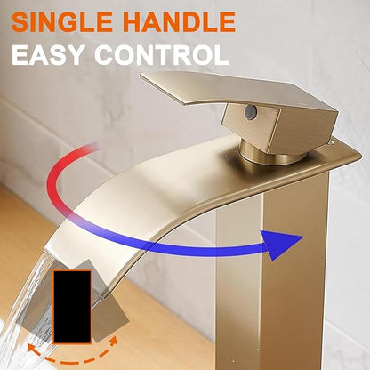 Brushed Gold Bathroom Vessel Sink Faucet, Waterfall Bathroom Faucet, Vessel Faucet, Tall Body High 1 Hole Single Handle with Pop Up Drain Combo Vanity Mixer Tap Commercial Basin Bowl Sink