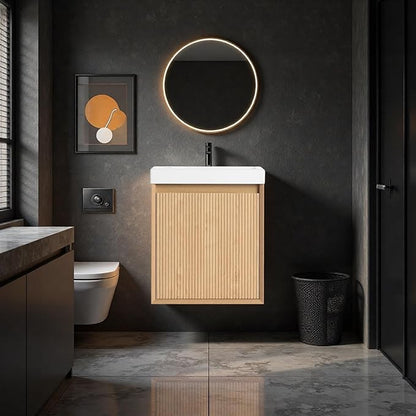 18.5" Bathroom Vanity with Resin Sink, Wall-Mounted Floating Bathroom Vanity with Soft Closed Single Door & Hidden Handle for Home, Undermount Storage Cabinet, Easy to Clean, Natural Wood