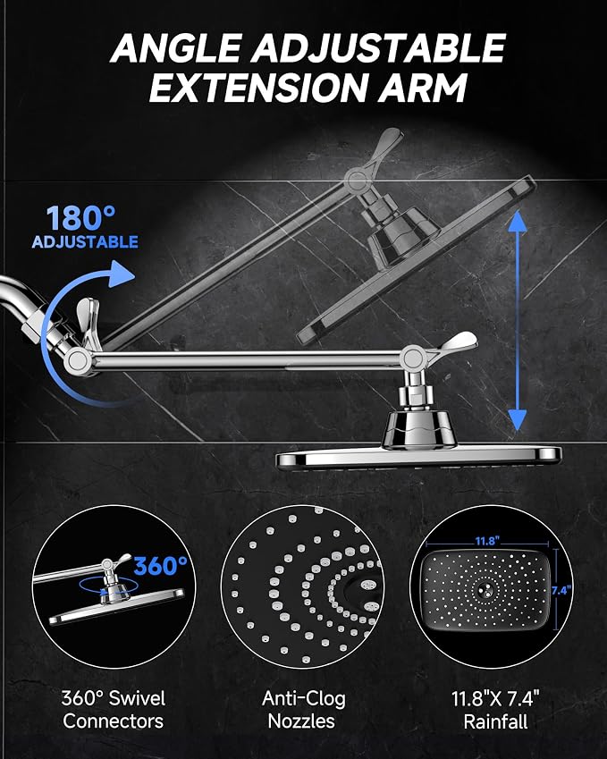 Veken 11.8" Rainfall Shower Head, 11" Stainless Steel Exension Arm | Rectangular Rainfall Showerhead,Height & Angle Decor Adjustable, High Pressure, Bathroom Accessories, Chrome